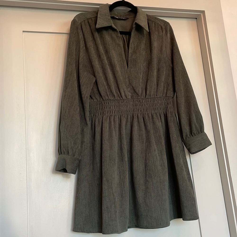 Zara green corduroy long sleeved mini dress